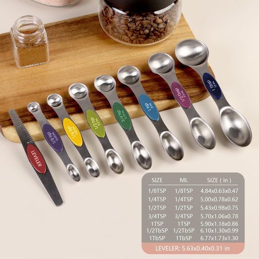ChefAide Pack of 8 Stainless Steel Magnetic Measuring Spoons Set. Dual Sided. Stackable. Adjustable Teaspoon and Tablespoon Measure Spoon with Leveler. Kitchen Gadgets