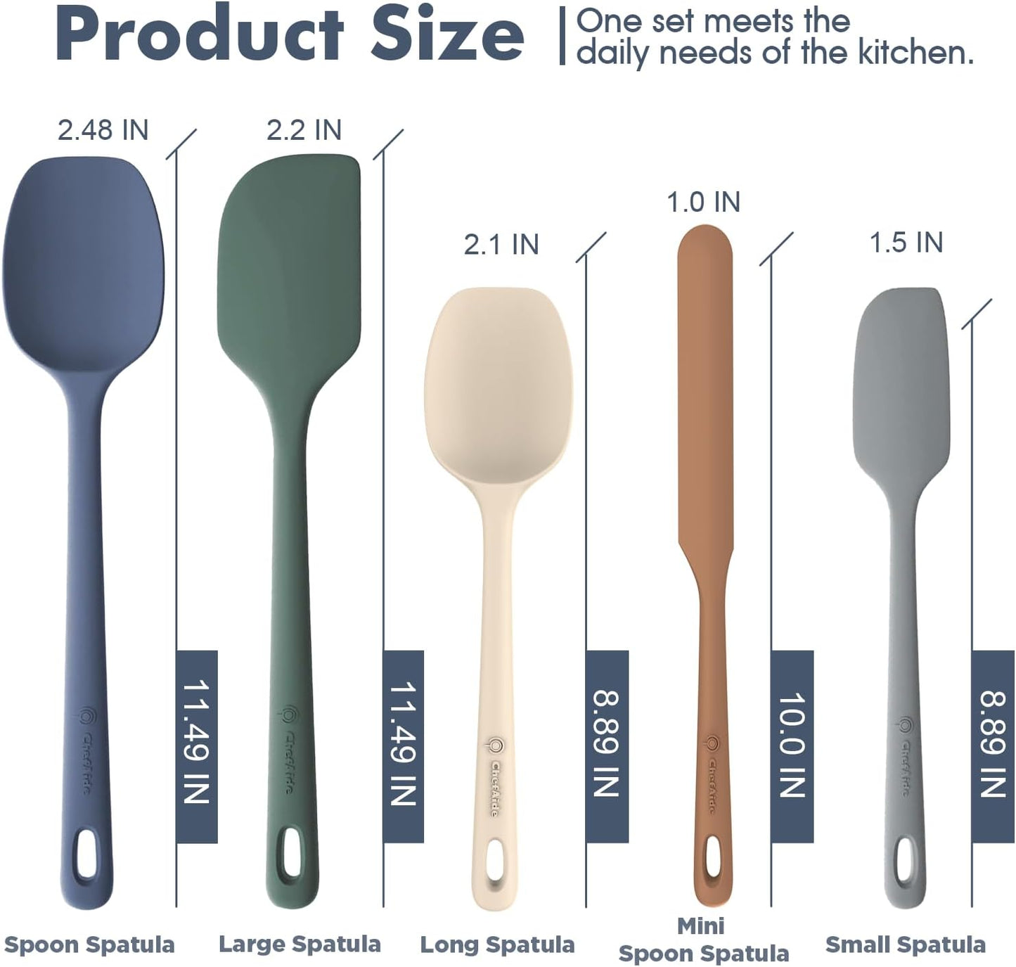 ChefAide 5 Pieces Silicone Spatula Set. Food Grade Rubber Spatula. Upgrade Strong Handle with Ergonomic Grip. Heat Resistant Up to 600°F for Nonstick Cookware. Cooking