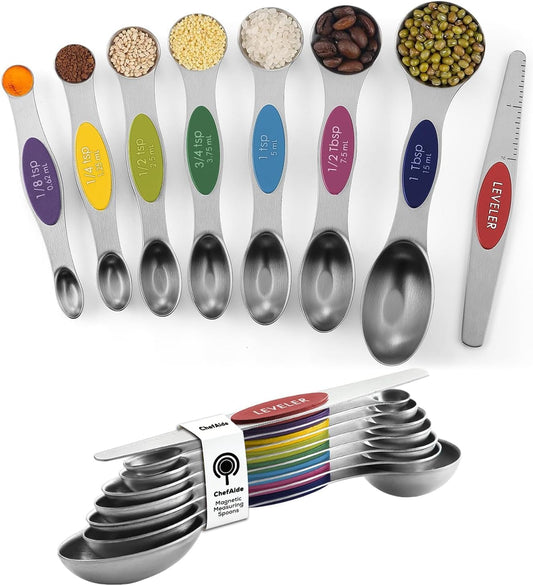 ChefAide Pack of 8 Stainless Steel Magnetic Measuring Spoons Set. Dual Sided. Stackable. Adjustable Teaspoon and Tablespoon Measure Spoon with Leveler. Kitchen Gadgets