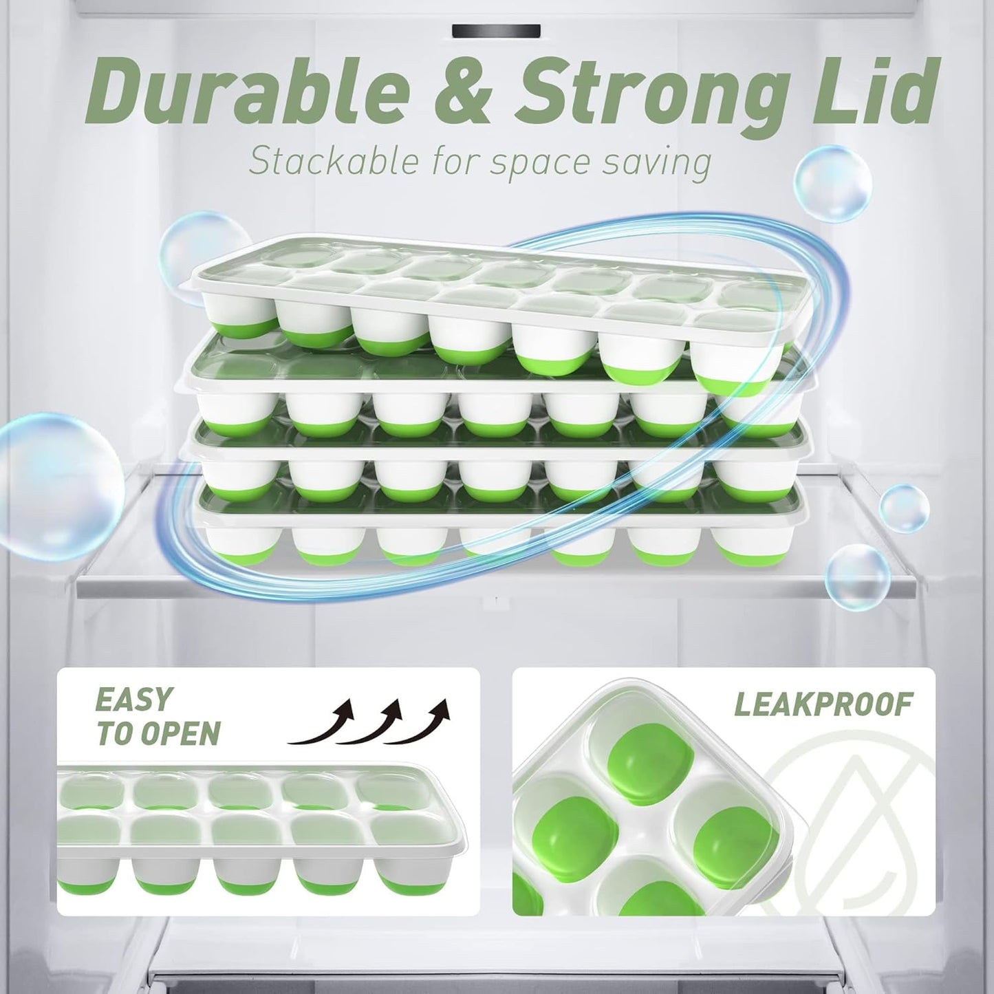 ChefAide Ice Cube Tray with Lid. 2 Packs 28 Cubes Durable Stackable Ice Cube Trays for Freezer with Removable Lids. Easy-Release Plastic & Silicone Ice Tray for Cocktail. Coffee