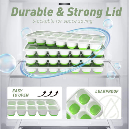 ChefAide Ice Cube Tray with Lid. 2 Packs 28 Cubes Durable Stackable Ice Cube Trays for Freezer with Removable Lids. Easy-Release Plastic & Silicone Ice Tray for Cocktail. Coffee