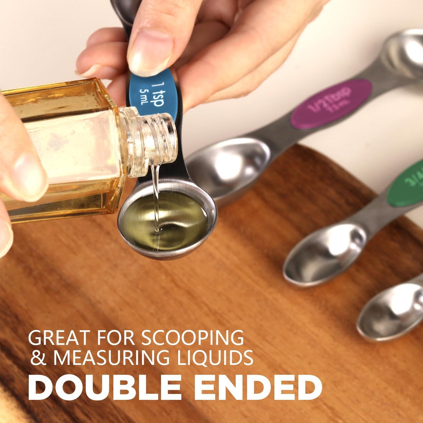 ChefAide Pack of 8 Stainless Steel Magnetic Measuring Spoons Set. Dual Sided. Stackable. Adjustable Teaspoon and Tablespoon Measure Spoon with Leveler. Kitchen Gadgets