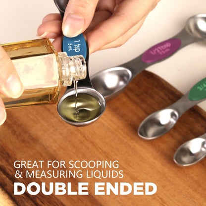 ChefAide Pack of 8 Stainless Steel Magnetic Measuring Spoons Set. Dual Sided. Stackable. Adjustable Teaspoon and Tablespoon Measure Spoon with Leveler. Kitchen Gadgets
