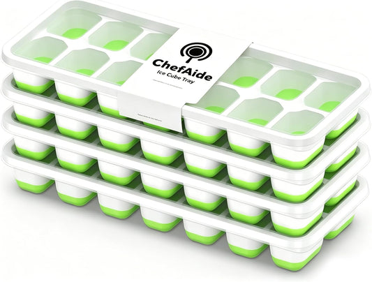 ChefAide Ice Cube Tray with Lid. 4 Packs 56 Cubes Durable Stackable Ice Cube Trays for Freezer with Removable Lids. Easy-Release Plastic & Silicone Ice Tray for Cocktail. Coffee