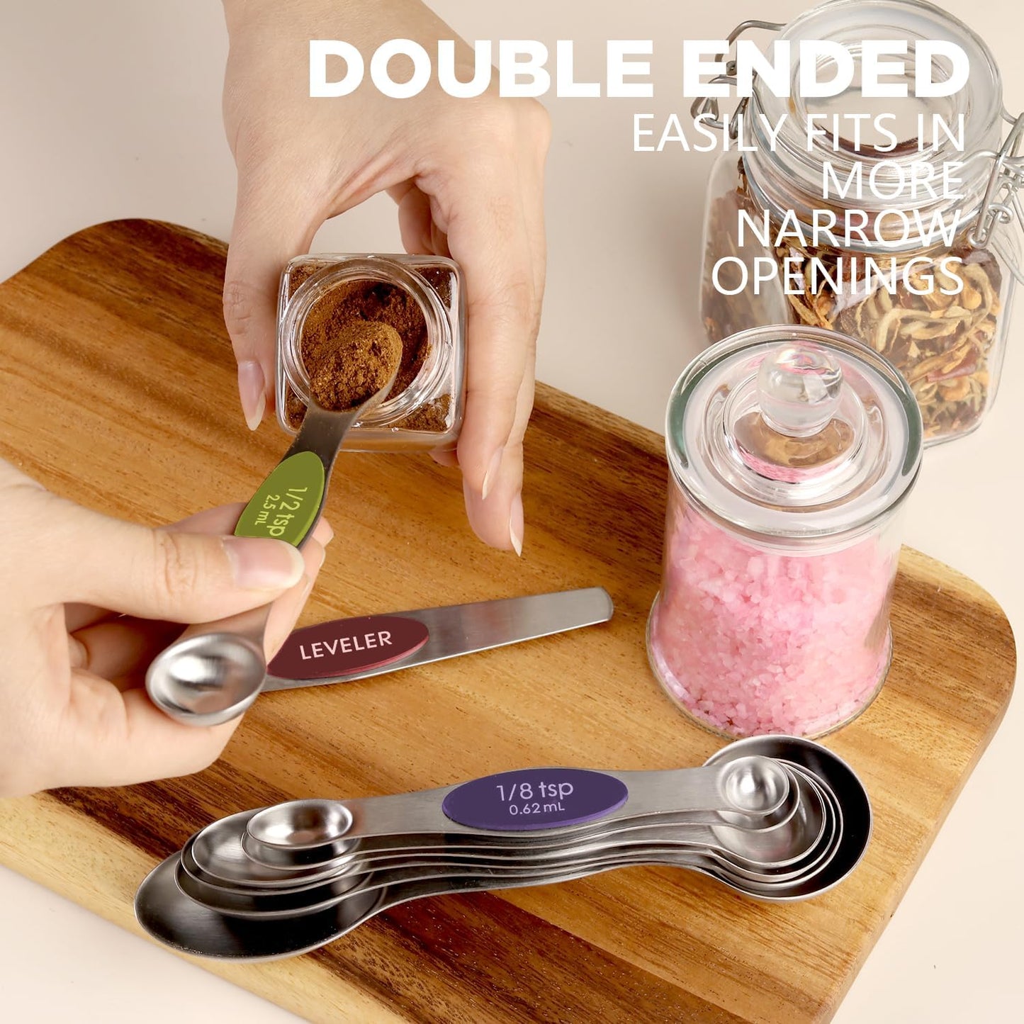 ChefAide Pack of 8 Stainless Steel Magnetic Measuring Spoons Set. Dual Sided. Stackable. Adjustable Teaspoon and Tablespoon Measure Spoon with Leveler. Kitchen Gadgets