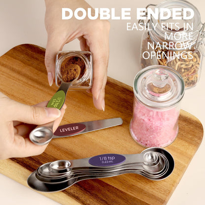 ChefAide Pack of 8 Stainless Steel Magnetic Measuring Spoons Set. Dual Sided. Stackable. Adjustable Teaspoon and Tablespoon Measure Spoon with Leveler. Kitchen Gadgets